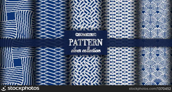 Set of 5 dark blue and silver luxury geometric pattern background. Abstract line, dot retro style vector illustration for wallpaper, flyer, cover, design template. minimalistic ornament, backdrop.