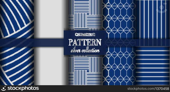 Set of 5 dark blue and silver luxury geometric pattern background. Abstract line, dot retro style vector illustration for wallpaper, flyer, cover, design template. minimalistic ornament, backdrop.