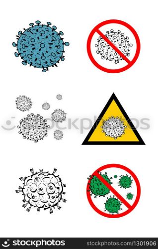 Set of 6 2019-nCoV bacteria isolated on white background. few Coronavirus in red circle vector Icon. COVID-19 bacteria corona virus disease sign. SARS pandemic concept symbol. Pandemic. Human health. Set of 6 2019-nCoV bacteria isolated on white background. few Coronavirus in red circle vector Icon. COVID-19 bacteria corona virus disease sign. SARS pandemic concept symbol. Pandemic. Human health .