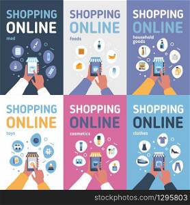 Set of 6 banners of Shopping online on smart phone, flat design icons and elements. Vector Illustration for e-commerce apps and web sites. Colored background. Set of Shopping online on smart phone, flat design icons and elements. Vector