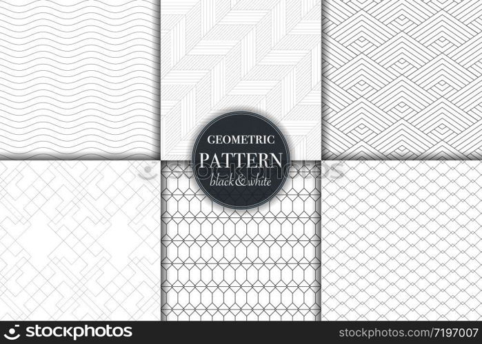 Set of 6 black and white grayscale geometric pattern background. Abstract line, dot retro style vector illustration for wallpaper, flyer, cover, banner, design template minimalistic ornament, backdrop