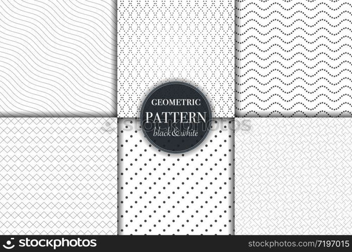 Set of 6 black and white grayscale geometric pattern background. Abstract line, dot retro style vector illustration for wallpaper, flyer, cover, banner, design template minimalistic ornament, backdrop