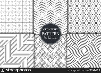 Set of 6 black and white grayscale geometric pattern background. Abstract line, dot retro style vector illustration for wallpaper, flyer, cover, banner, design template minimalistic ornament, backdrop