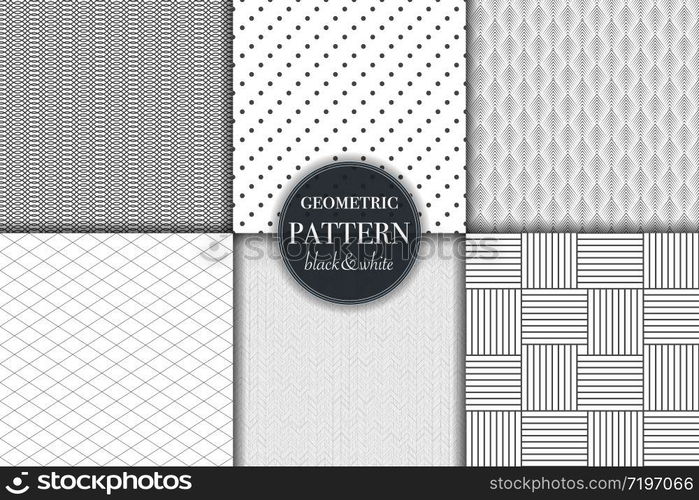 Set of 6 black and white grayscale geometric pattern background. Abstract line, dot retro style vector illustration for wallpaper, flyer, cover, banner, design template minimalistic ornament, backdrop