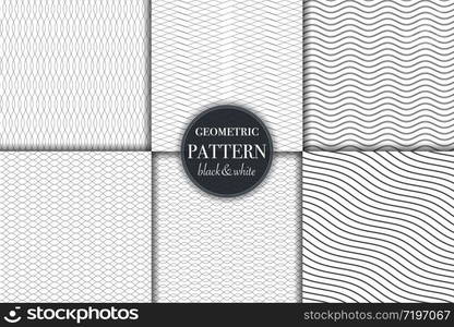 Set of 6 black and white grayscale geometric pattern background. Abstract line, dot retro style vector illustration for wallpaper, flyer, cover, banner, design template minimalistic ornament, backdrop