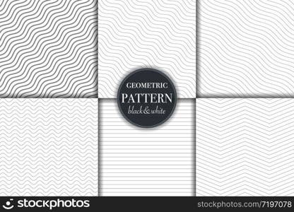 Set of 6 black and white grayscale geometric pattern background. Abstract line, dot retro style vector illustration for wallpaper, flyer, cover, banner, design template minimalistic ornament, backdrop