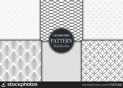 Set of 6 black and white grayscale geometric pattern background. Abstract line, dot retro style vector illustration for wallpaper, flyer, cover, banner, design template minimalistic ornament, backdrop