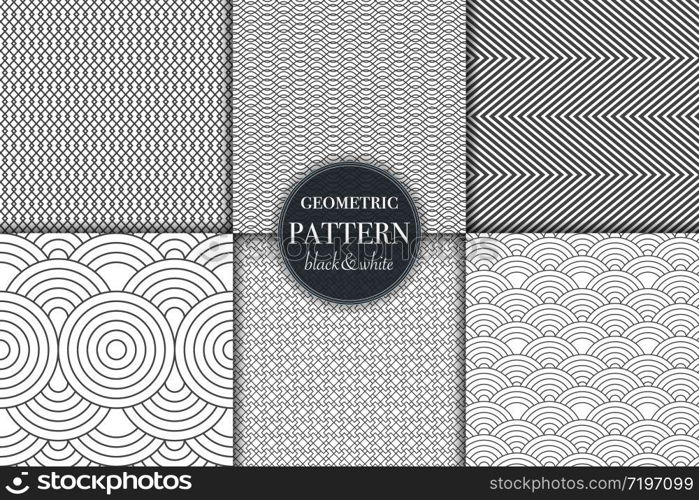 Set of 6 black and white grayscale geometric pattern background. Abstract line, dot retro style vector illustration for wallpaper, flyer, cover, banner, design template minimalistic ornament, backdrop