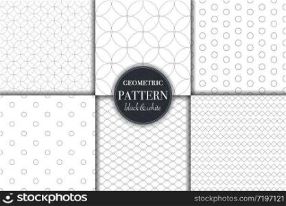 Set of 6 black and white grayscale geometric pattern background. Abstract line, dot retro style vector illustration for wallpaper, flyer, cover, banner, design template minimalistic ornament, backdrop