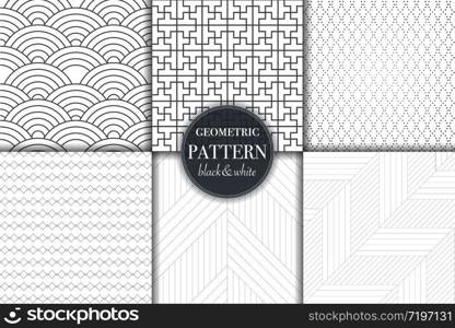 Set of 6 black and white grayscale geometric pattern background. Abstract line, dot retro style vector illustration for wallpaper, flyer, cover, banner, design template minimalistic ornament, backdrop