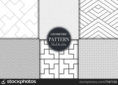 Set of 6 black and white grayscale geometric pattern background. Abstract line, dot retro style vector illustration for wallpaper, flyer, cover, banner, design template minimalistic ornament, backdrop