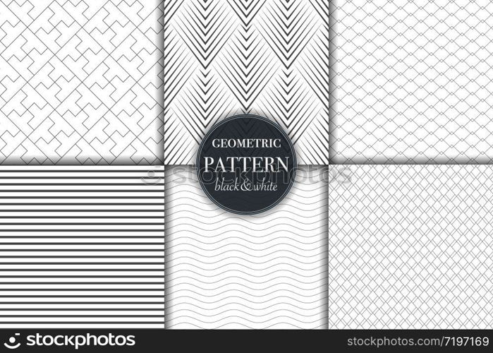 Set of 6 black and white grayscale geometric pattern background. Abstract line, dot retro style vector illustration for wallpaper, flyer, cover, banner, design template minimalistic ornament, backdrop