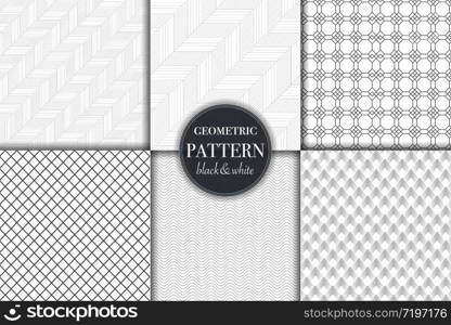 Set of 6 black and white grayscale geometric pattern background. Abstract line, dot retro style vector illustration for wallpaper, flyer, cover, banner, design template minimalistic ornament, backdrop