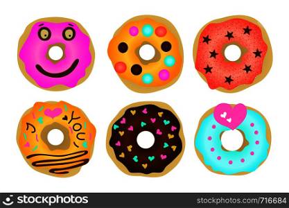 Set of 6 color hand drawn donuts. Donut isolated for your design. Vector illustration.