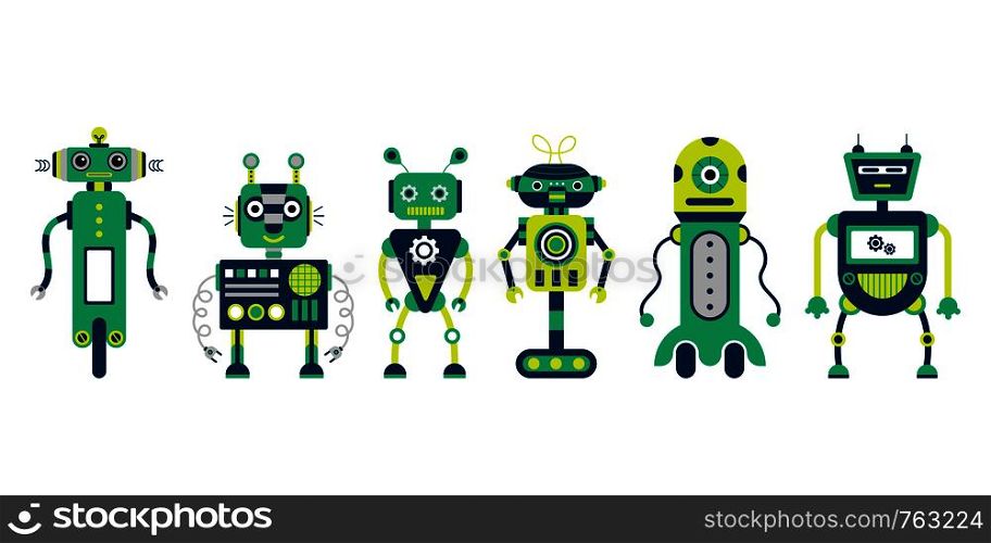 Set of 6 colorful robots on a white background. Cartoon style. Robot toys. Vector illustration.