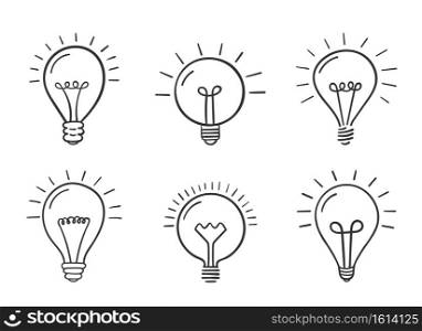 Set of 6 hand drawn lightbulbs on white background, idea, solution concept, vector eps10 illustration. Hand Drawn Lightbulbs