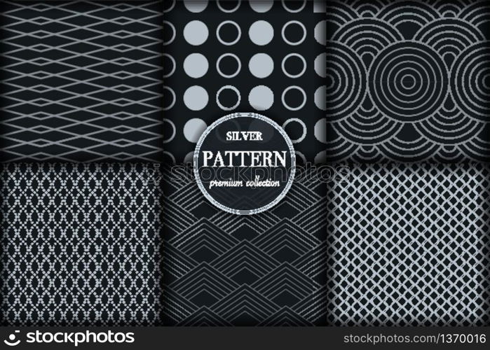 Set of 6 silver grayscale luxury geometric pattern background. Abstract line, dot retro style vector illustration for wallpaper, flyer, cover, banner, design template. minimalistic ornament, backdrop