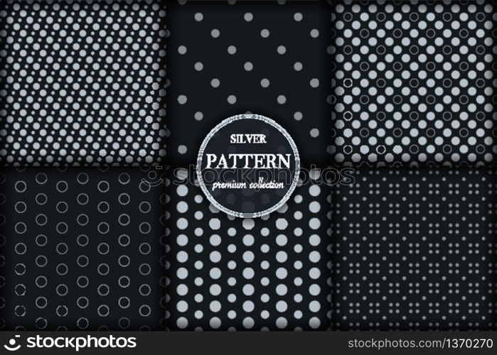 Set of 6 silver grayscale luxury geometric pattern background. Abstract line, dot retro style vector illustration for wallpaper, flyer, cover, banner, design template. minimalistic ornament, backdrop