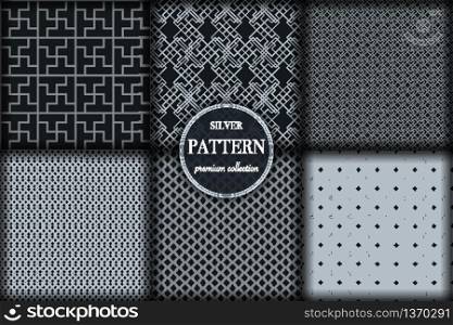 Set of 6 silver grayscale luxury geometric pattern background. Abstract line, dot retro style vector illustration for wallpaper, flyer, cover, banner, design template. minimalistic ornament, backdrop