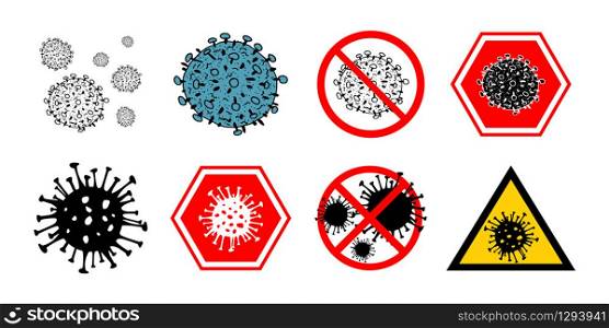 Set of 8 2019-nCoV bacteria isolated on white background. few Coronavirus in red circle vector Icon. COVID-19 bacteria corona virus disease sign. SARS pandemic concept symbol. Pandemic. Human health. Set of 8 2019-nCoV bacteria isolated on white background. few Coronavirus in red circle vector Icon. COVID-19 bacteria corona virus disease sign. SARS pandemic concept symbol. Pandemic. Human health .