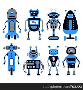 Set of 8 colorful robots on a white background. Cartoon style. Robot toys. Vector illustration.