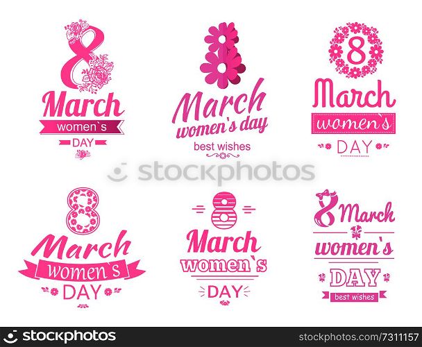 Set of 8 March greeting cards design dedicated to International Womens day, blooming flowers and text on pink ribbon isolated on white background signs. Set of 8 March Greeting Card International Holiday