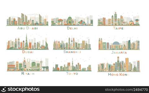 Set of 9 Abstract City Skyline. Vector Illustration. Skyline with World Landmarks. Business travel and tourism concept. Image for presentation, banner, placard and web site.