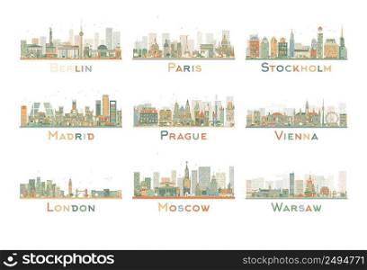 Set of 9 Abstract Europe City Skyline. Vector Illustration. Skyline with World Landmarks. Business travel and tourism concept. Image for presentation, banner, placard and web site.