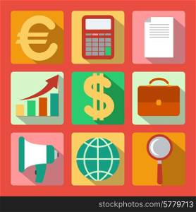 Set of 9 analysis and marketing colorful square icons with long shadow isolated on red background
