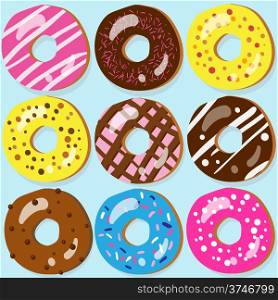 Set of 9 assorted doughnut icons with different toppings
