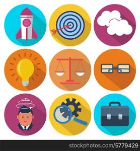 Set of 9 business and marketing colorful round icons with long shadows. Isolated on white background
