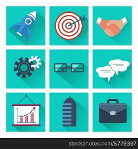 Set of 9 business and marketing square icons with long shadows. Isolated on white background