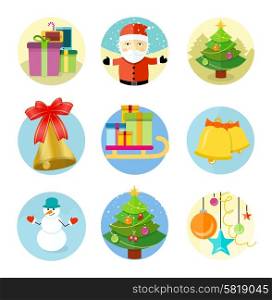 Set of 9 circle christmas icons with santa claus, christmas tree, decorations, gift boxes and snowman on white background