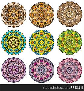 Set of 9 colorful round ornaments, kaleidoscope floral patterns.