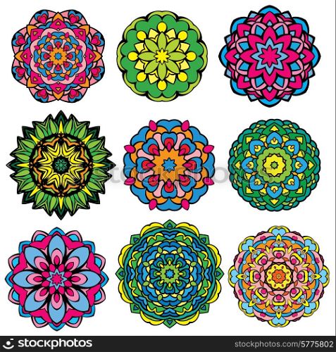 Set of 9 colorful round ornaments, kaleidoscope floral patterns.