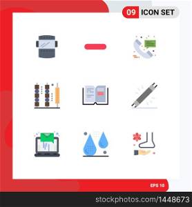Set of 9 Commercial Flat Colors pack for book, meat, call, kebab, drinks Editable Vector Design Elements