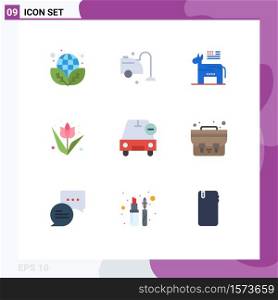 Set of 9 Commercial Flat Colors pack for delete, plant, donkey, flower, decoration Editable Vector Design Elements