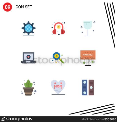 Set of 9 Commercial Flat Colors pack for lolipop, love, drinks, heart, computer Editable Vector Design Elements