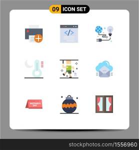 Set of 9 Commercial Flat Colors pack for night, climate, html, bulb, light Editable Vector Design Elements