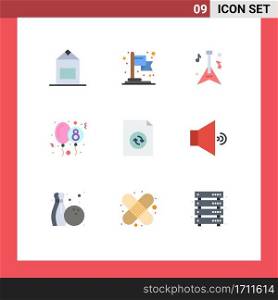 Set of 9 Commercial Flat Colors pack for speaker, sync, music, file, eight day Editable Vector Design Elements