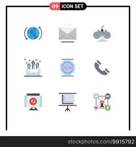 Set of 9 Commercial Flat Colors pack for stop work, email, controller, communication, address Editable Vector Design Elements