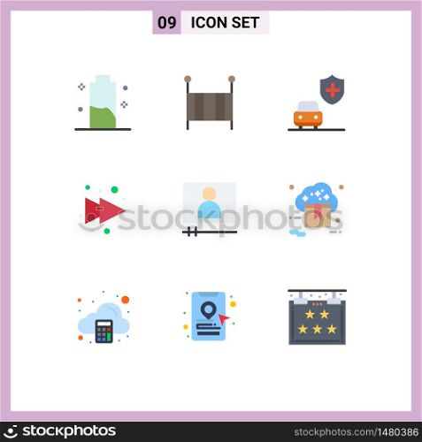 Set of 9 Commercial Flat Colors pack for video player, video, crib, right, arrow Editable Vector Design Elements