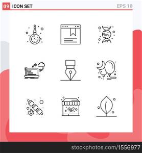Set of 9 Commercial Outlines pack for award, arrows, chemistry, dashboard, processing Editable Vector Design Elements