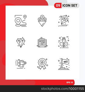Set of 9 Commercial Outlines pack for canada, wedding, fly, cake, sucess Editable Vector Design Elements