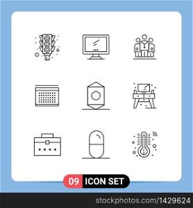 Set of 9 Commercial Outlines pack for candy, date, pc, vecation, hospital Editable Vector Design Elements