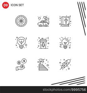 Set of 9 Commercial Outlines pack for coffee, love, bible, heart, light Editable Vector Design Elements