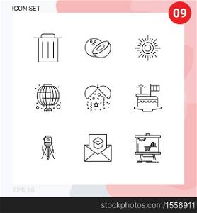Set of 9 Commercial Outlines pack for day, cake, china, party, celebration Editable Vector Design Elements