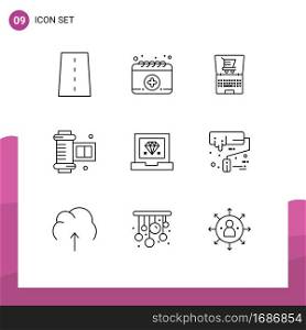 Set of 9 Commercial Outlines pack for development, coding, online, camera roll film, ancient camera roll Editable Vector Design Elements