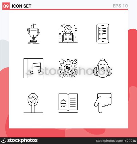 Set of 9 Commercial Outlines pack for dollar, media, schedule, album, cell Editable Vector Design Elements