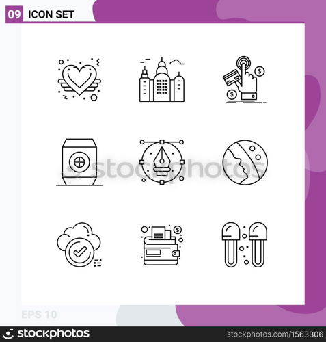Set of 9 Commercial Outlines pack for drawing, art, click, soft, drink Editable Vector Design Elements